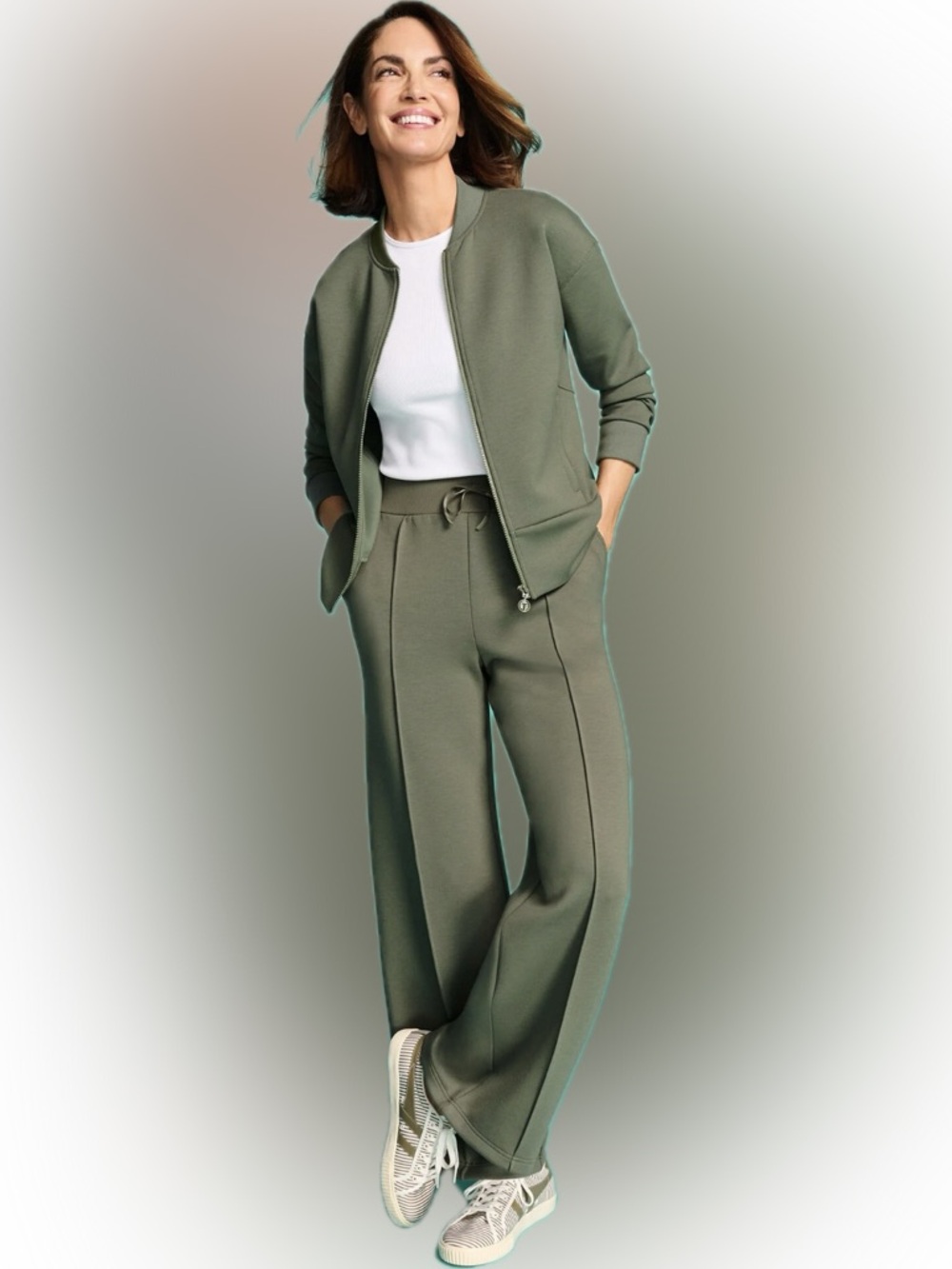 Talbots Sage Green Air Knit Bomber Jacket & Drawstring Joggers Set
